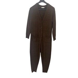 Helsa Jumpsuit Womens Size L Brown Heathered Knit Button Front Long